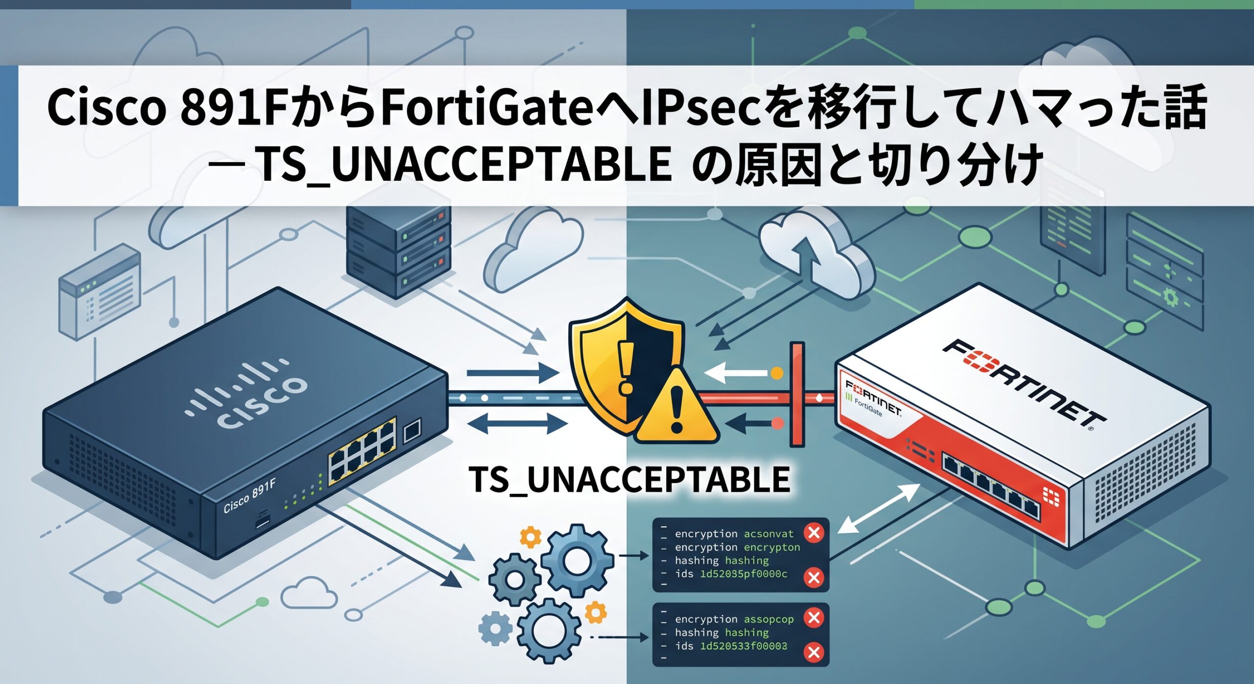 Cisco 891FからFortiGateへIPsecを移行してハマった話 — TS_UNACCEPTABLE の原因と切り分け