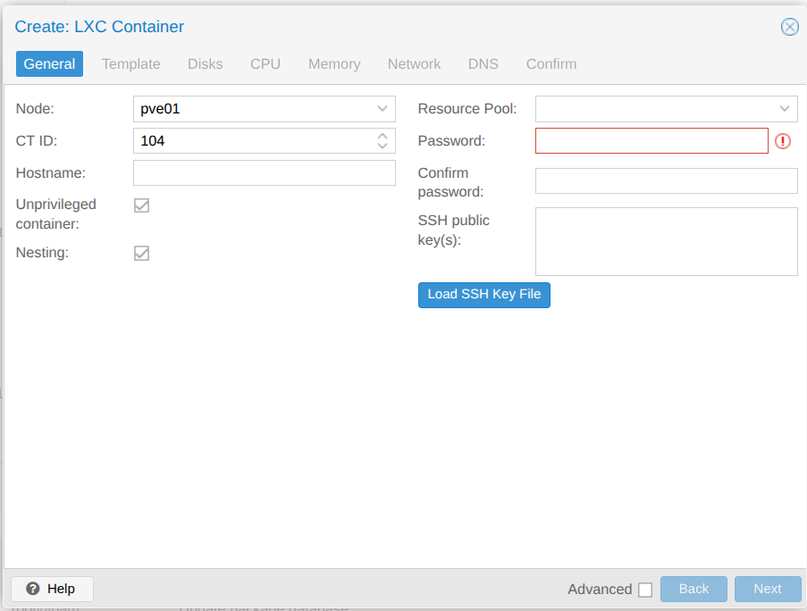 Proxmox LXC作成ウィザードのGeneralタブ。Unprivileged containerとNestingにチェックが入った状態