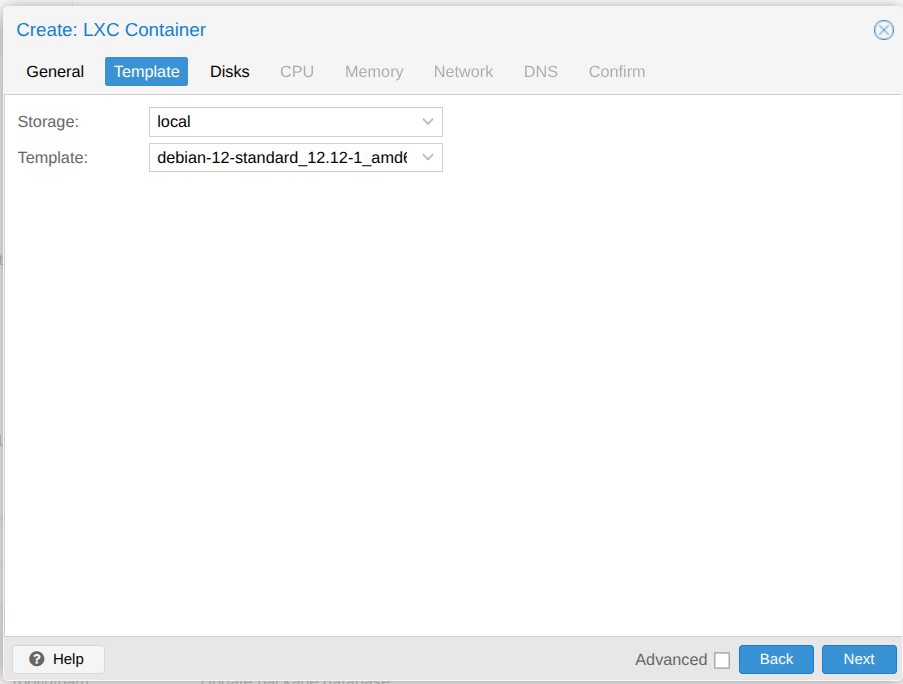 LXC作成のTemplateタブでdebian-12-standardテンプレートを選択した画面