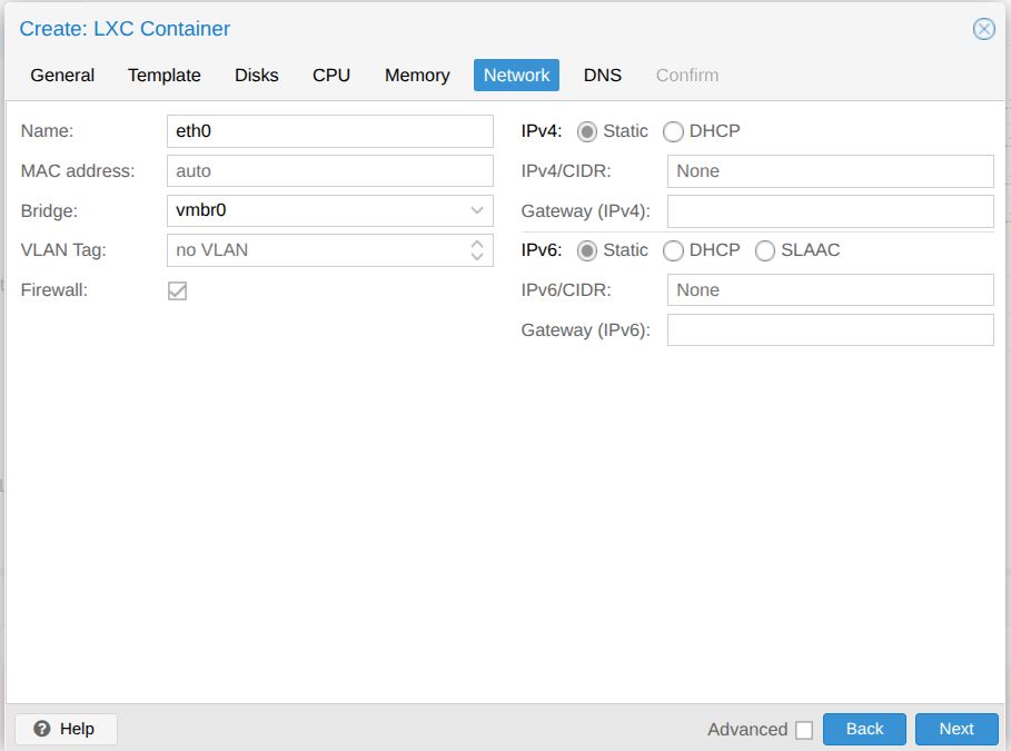 LXC作成のNetworkタブ。Bridgeがvmbr0でIPアドレス未設定のデフォルト状態