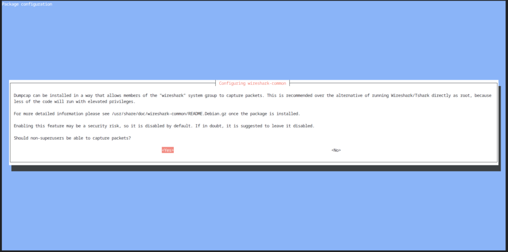 wireshark-commonのパッケージ設定画面。非特権ユーザーにパケットキャプチャを許可するかを尋ねている
