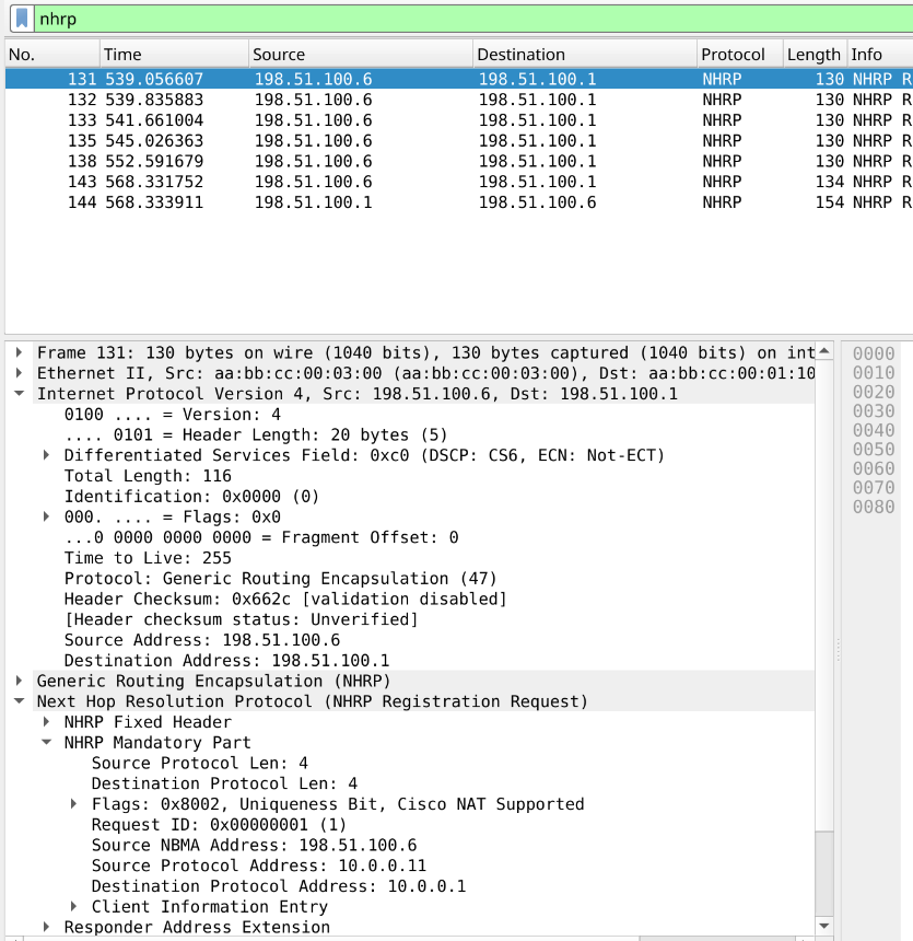 WiresharkでNHRP Registration Requestを表示し、Source NBMA AddressやSource Protocol Addressを展開した画面
